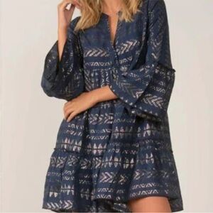 Elan Navy and Gold Metallic Printed V-Neck, Bell Sleeve Babydoll Dress